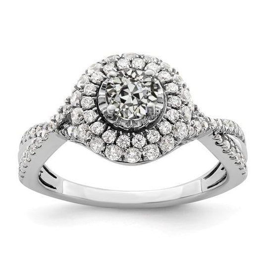 Anello In Oro Con Doppia Aureola, Rotondo, Con Naturale Diamante Di Taglio Antico, Gambo Intrecciato, 3,50 Carati