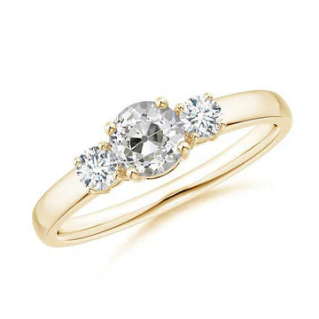 Anello In Oro Giallo Con Vero Diamante 3 Pietre Tonde Taglio Antico Gioielli 2 Carati