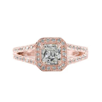 Anello In Oro Rosa Con Cuscino Aureola Old Miner Vero Diamond Ring 2 Carati Con Gambo diviso