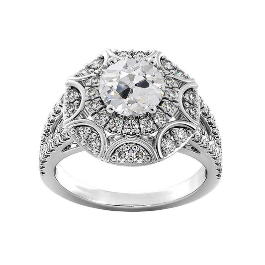 Anello In Stile Antico Halo Con Genuino Diamante Rotondo Taglio Vecchio Gambo Diviso 4,75 Carati