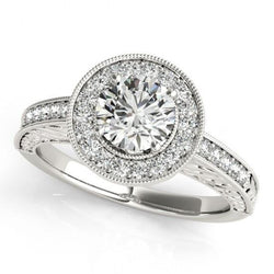 Anello In Stile Vintage Con Vero Diamante Rotondo Halo 1.25 Carati Inciso WG 14K
