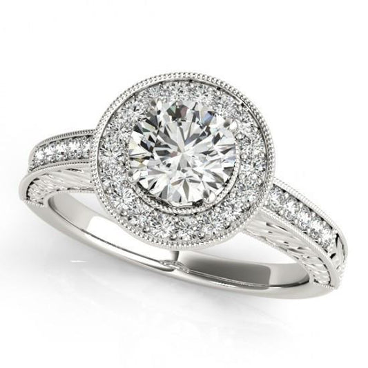 Anello In Stile Vintage Con Vero Diamante Rotondo Halo 1.25 Carati Inciso WG 14K
