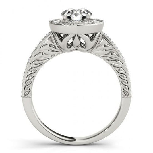 Anello In Stile Vintage Con Vero Diamante Rotondo Halo 1.25 Carati Inciso WG 14K