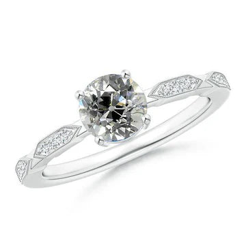 Anello In Stile Vintage Con Vero Diamante Tondo Taglio Antico In Oro Bianco 2 Carati
