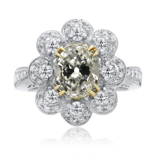 Anello Ovale Bicolore Con Vero Diamante Taglio Antico Stile Fiore 10 Carati
