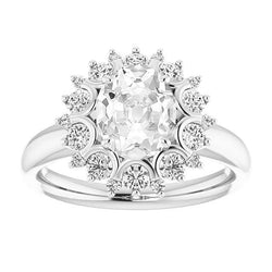 Anello Ovale Con Vero Diamante A Taglio Antico, Stile Floreale, Oro Bianco 14K, 6,50 Carati
