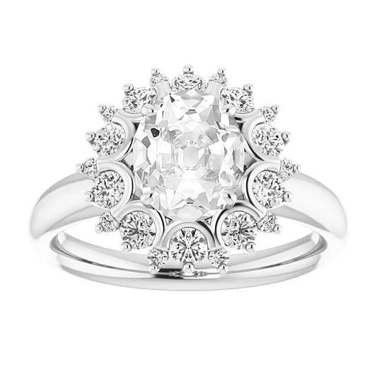 Anello Ovale Con Vero Diamante A Taglio Antico, Stile Floreale, Oro Bianco 14K, 6,50 Carati