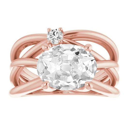 Anello Ovale Da 6 Carati Con Naturale Diamante A Taglio Antico A 2 Punte Di Pietra Con Doppio Gambo Diviso