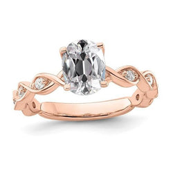 Anello Ovale In Oro Rosa Con Vero Diamanti A Taglio Antico, Griffe Attorcigliate, 3,50 Carati