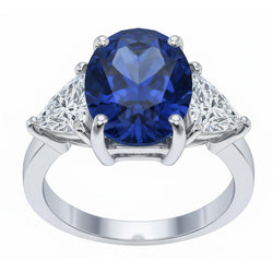 Anello Ovale Sri Lanka Zaffiro Trilioni Diamanti Naturali Autentici ( non creati in laboratorio ) 3 Pietre 6 Carati