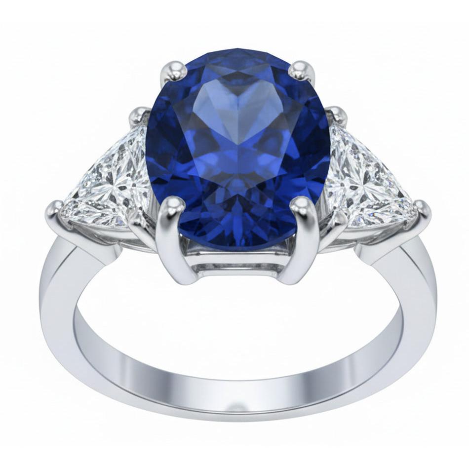 Anello Ovale Sri Lanka Zaffiro Trilioni Diamanti Naturali Autentici ( non creati in laboratorio ) 3 Pietre 6 Carati