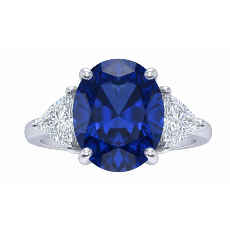 Anello Ovale Sri Lanka Zaffiro Trilioni Diamanti Naturali Autentici ( non creati in laboratorio ) 3 Pietre 6 Carati
