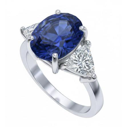 Anello Ovale Sri Lanka Zaffiro Trilioni Diamanti Naturali Autentici ( non creati in laboratorio ) 3 Pietre 6 Carati