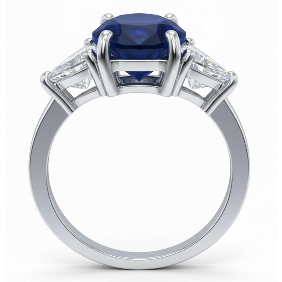 Anello Ovale Sri Lanka Zaffiro Trilioni Diamanti Naturali Autentici ( non creati in laboratorio ) 3 Pietre 6 Carati