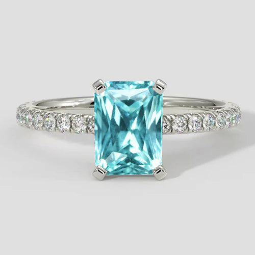 Anello Paraiba a cuscino da 3 ct con gambo di diamanti