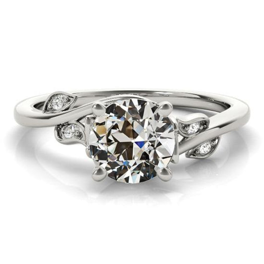 Anello Rotondo Con Genuino Diamante Taglio Vecchia Miniera Con Gambo Ritorto Stile Foglia 2,50 Carati