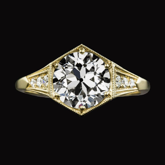 Anello Rotondo Con Genuino Diamanti Taglio Vecchio Miniera, Gambo Affusolato, Oro Giallo 3,50 Carati
