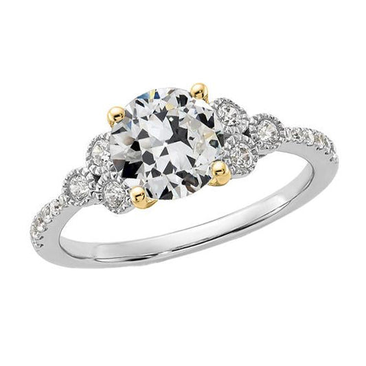 Anello Rotondo Con Naturale Diamante Taglio Vecchia Miniera A 4 Punte Incastonato Due Toni 3,50 Carati