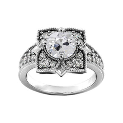 Anello Rotondo Con Vero Diamanti A Taglio Antico, Fiore, Stile Antico, 3,25 Carati