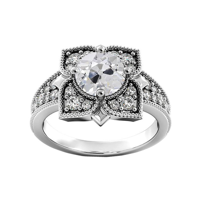 Anello Rotondo Con Vero Diamanti A Taglio Antico, Fiore, Stile Antico, 3,25 Carati