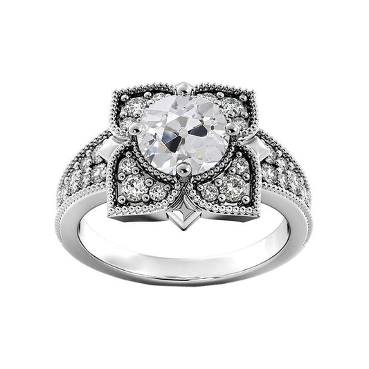 Anello Rotondo Con Vero Diamanti A Taglio Antico, Fiore, Stile Antico, 3,25 Carati