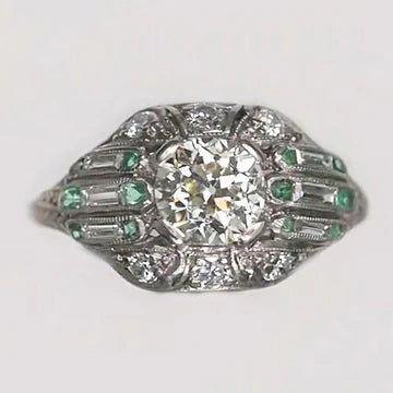 Anello Rotondo Con Vero Diamanti Taglio Vecchio Miniera Baguette E Zaffiro Verde 3.25 Carati