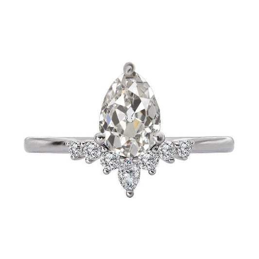 Anello Rotondo E Pera Con Genuino Diamante Taglio Vecchio Stile Corona In Oro 3,50 Carati