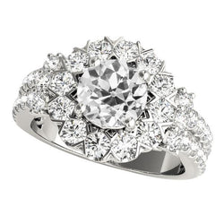 Anello Rotondo Halo Vecchio Minatore Naturale Diamante Ring Flower Style 5,50 Carati In Oro Bianco