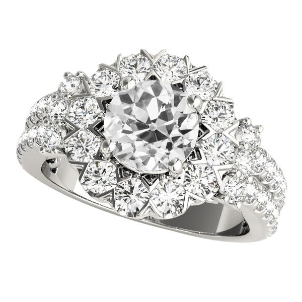 Anello Rotondo Halo Vecchio Minatore Naturale Diamante Ring Flower Style 5,50 Carati In Oro Bianco