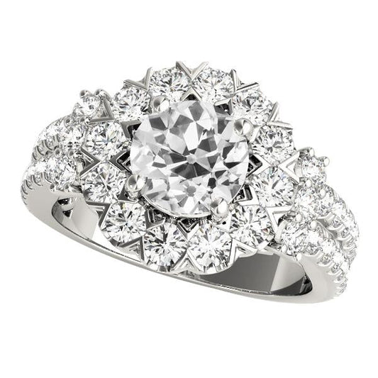 Anello Rotondo Halo Vecchio Minatore Naturale Diamante Ring Flower Style 5,50 Carati In Oro Bianco