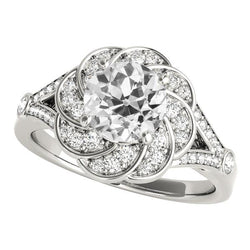 Anello Rotondo Vecchio Minatore Con Vero Diamante Stile Fiore 4,50 Carati Con Gambo Diviso