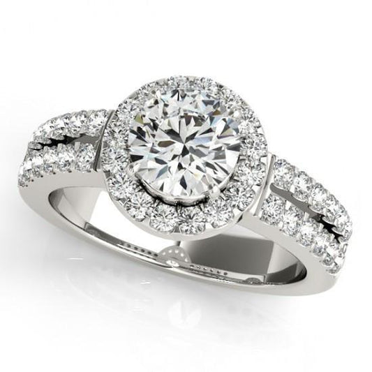 Anello Solitario Con Accenti Halo 1.50 Carati Genuino Diamanti Rotondi Oro Bianco 14K