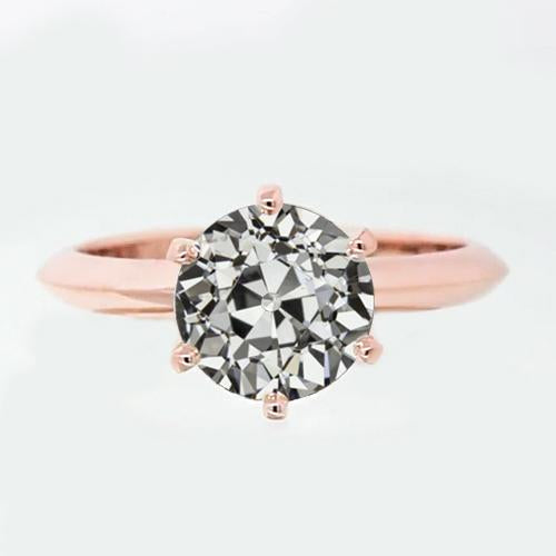 Anello Solitario Da 2 Carati Con Genuino Diamante Antico Europeo Rotondo A 6 Griffe