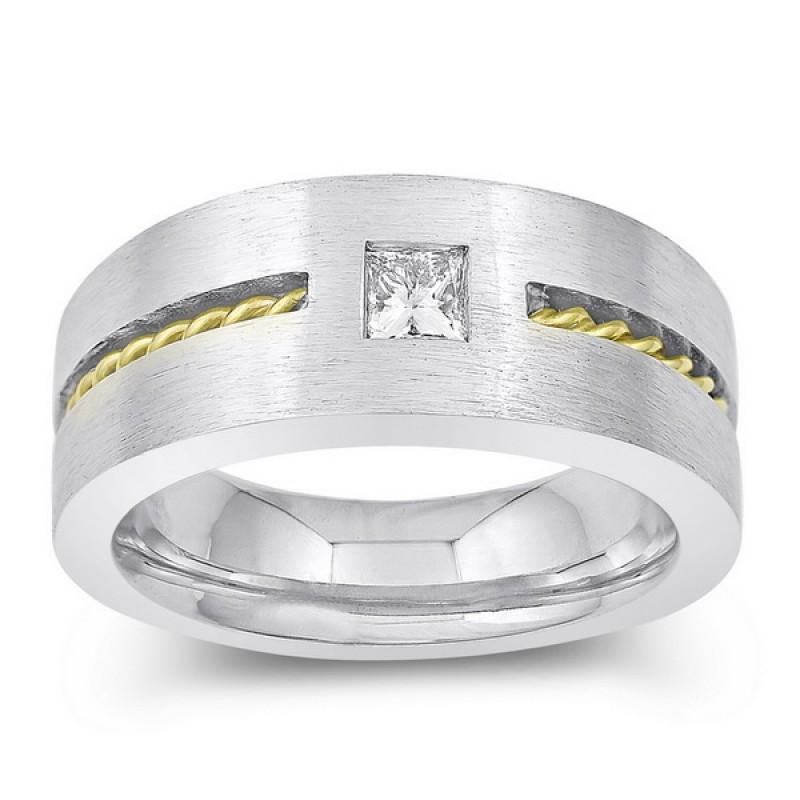 Anello Solitario Da Uomo Con Naturale Diamante Taglio Principessa Da 0.35 Carati In Oro Bicolore 14K