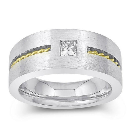 Anello Solitario Da Uomo Con Naturale Diamante Taglio Principessa Da 0.35 Carati In Oro Bicolore 14K