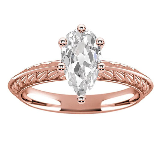 Anello Solitario In Oro Rosa Pera Vecchio Minatore Naturale Diamante 3.50 Carati Gioielli