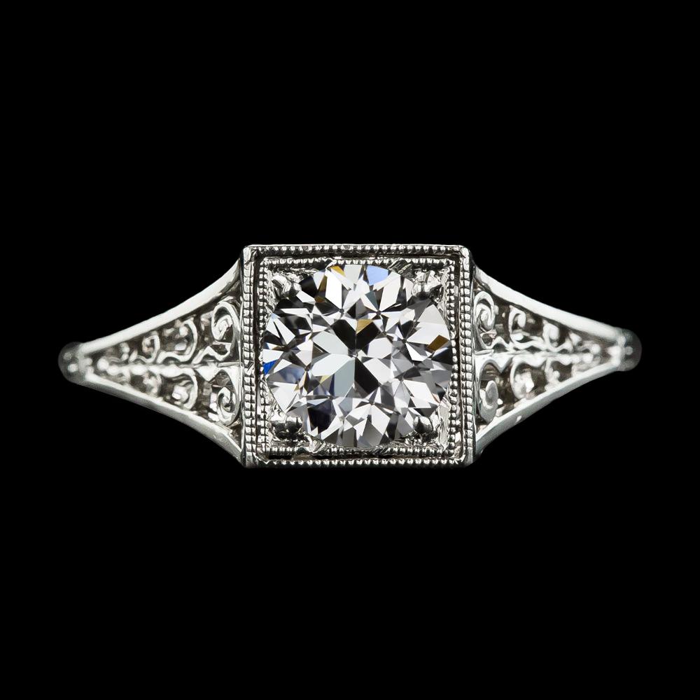 Anello Solitario In Stile Antico Con Vero Diamante A Taglio Antico Rotondo In Filigrana Di 2 Carati
