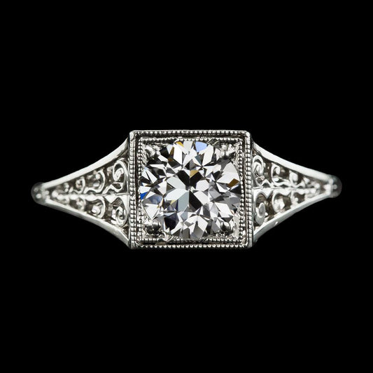 Anello Solitario In Stile Antico Con Vero Diamante A Taglio Antico Rotondo In Filigrana Di 2 Carati