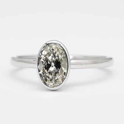 Anello Solitario Ovale Old Mine Cut Genuino Diamante Bezel Set Oro 14K 3 Carati