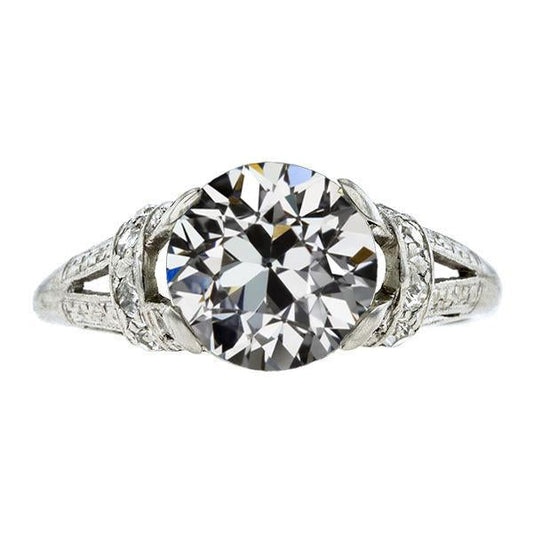 Anello Solitario Rotondo Con Genuino Diamante Taglio Vecchio Miniera, Gambo Diviso 3 Carati