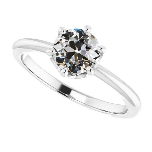 Anello Solitario Rotondo Con Genuino Diamanti A Taglio Vecchio Miniera, Set Di 6 Punte, 2 Carati