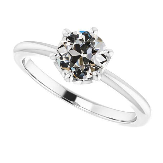 Anello Solitario Rotondo Con Genuino Diamanti A Taglio Vecchio Miniera, Set Di 6 Punte, 2 Carati
