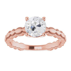 Anello Solitario Rotondo Con Vero Diamante Taglio Vecchia Miniera 2 Carati Con Gambo Milgrain