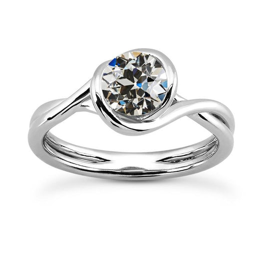Anello Solitario Rotondo Vecchio Minatore Genuino Diamante Con Gambo Ritorto Oro 2 Carati