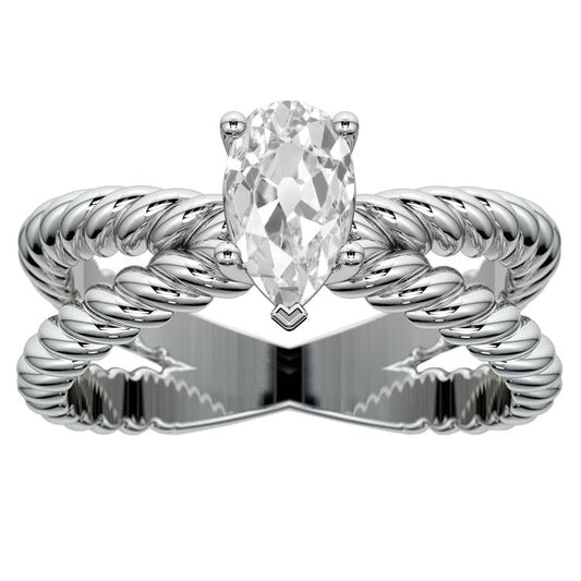 Anello Solitario Vecchio Taglio Pera Naturale Diamante Gambo Diviso 2.25 Carati Stile Corda