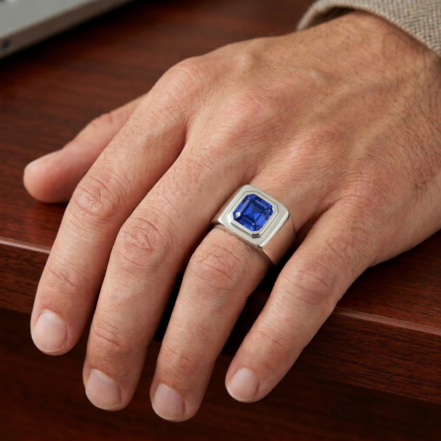 Anello Solitario da Uomo 1.50 Carati Flush Set Blu Zaffiro Taglio Asscher