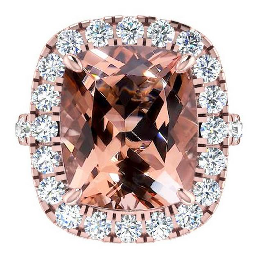 Anello Con Morganite a Cuscino Grande 12,50 ct Con Diamanti Oro Rosa 14K
