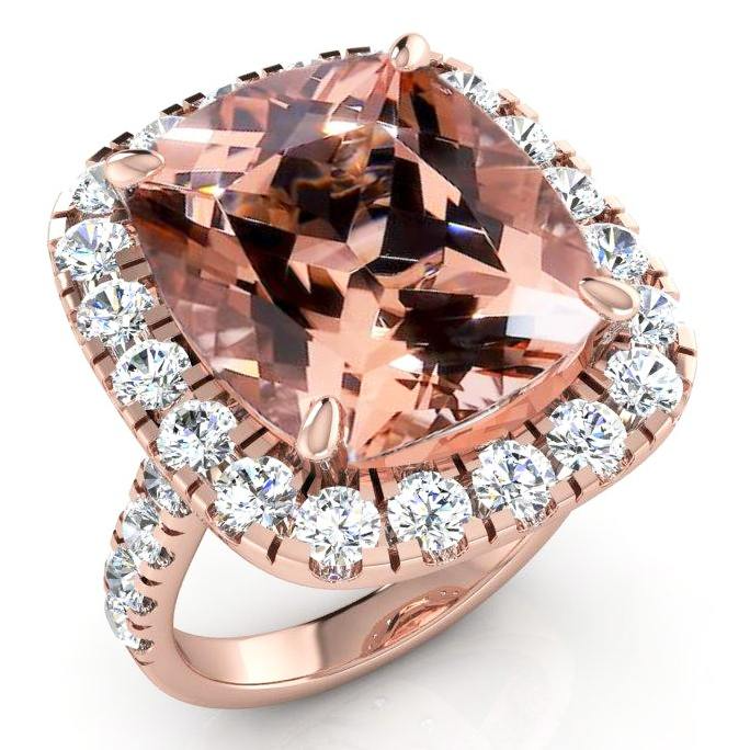 Anello Con Morganite a Cuscino Grande 12,50 ct Con Diamanti Oro Rosa 14K