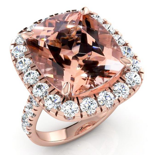 Anello Con Morganite a Cuscino Grande 12,50 ct Con Diamanti Oro Rosa 14K
