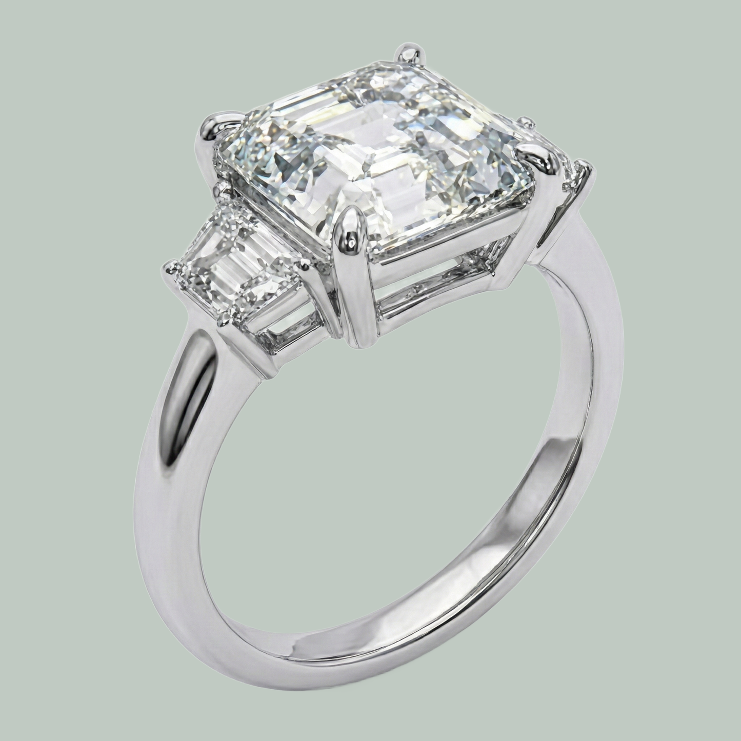 Anello Dell'Anniversario Asscher E Naturale Diamante Trapezoidale 5,50 Ct Artiglio D'Aquila 3 Pietre